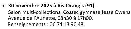 Le dimanche 30 novembre 2025, Ris-Orangis (91). Salon multi-collections. Cosec gymnase Jesse Owens, avenue de l'Aunette, de 08h30 à 17h00. Renseignements  : 06 74 13 90 48.