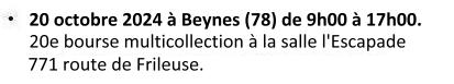 Le 20 octobre 2024 à Beynes (78). Bourse multicollection à la salle l'Escapade, 771 route de Frileuse, de 09h00 à 17h30.