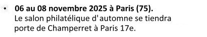 Du 06 au 08 novembre à Paris(75). Le salon philatélique d'automne se tiendra Porte de Champerret à Paris 17e.